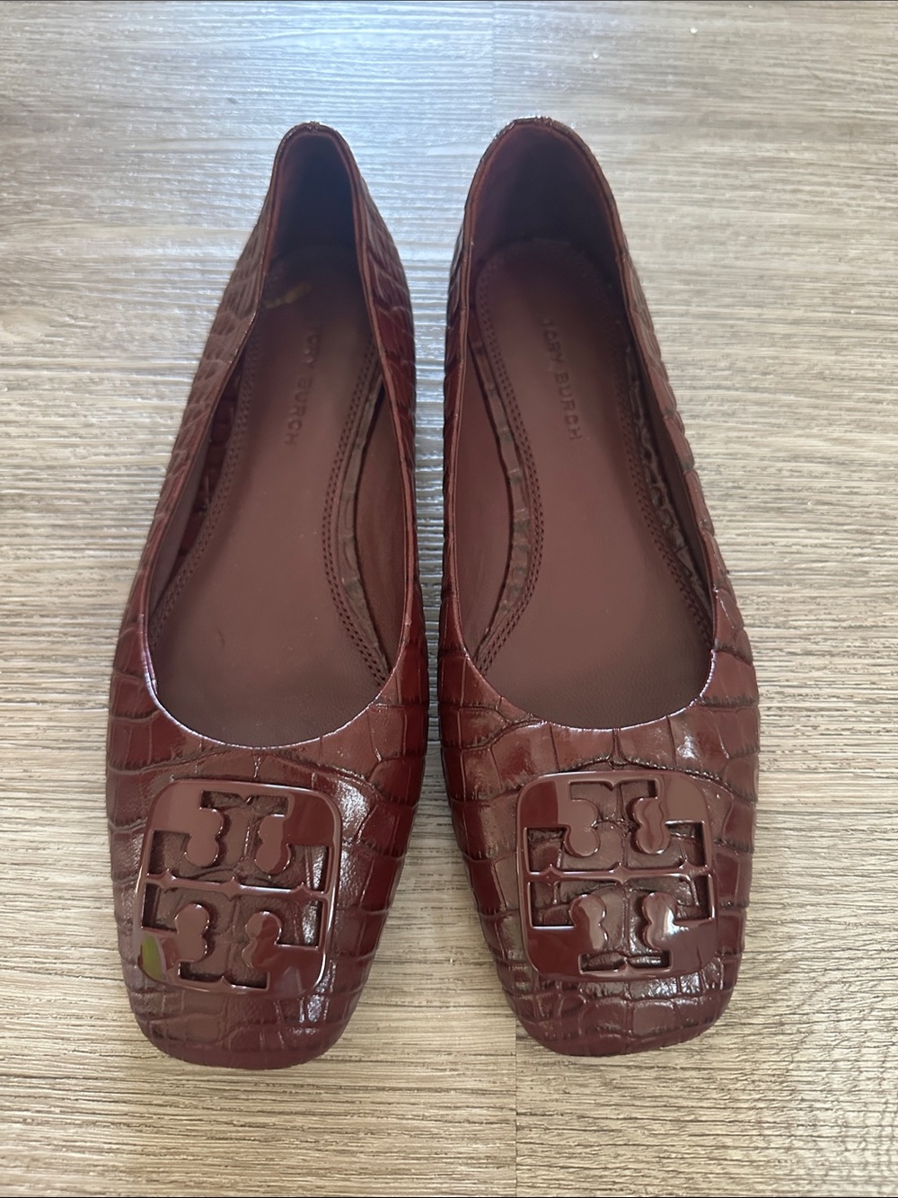 Tory Burch Deep Burgundy Croc-Embossed Leather Square-Toe Flats